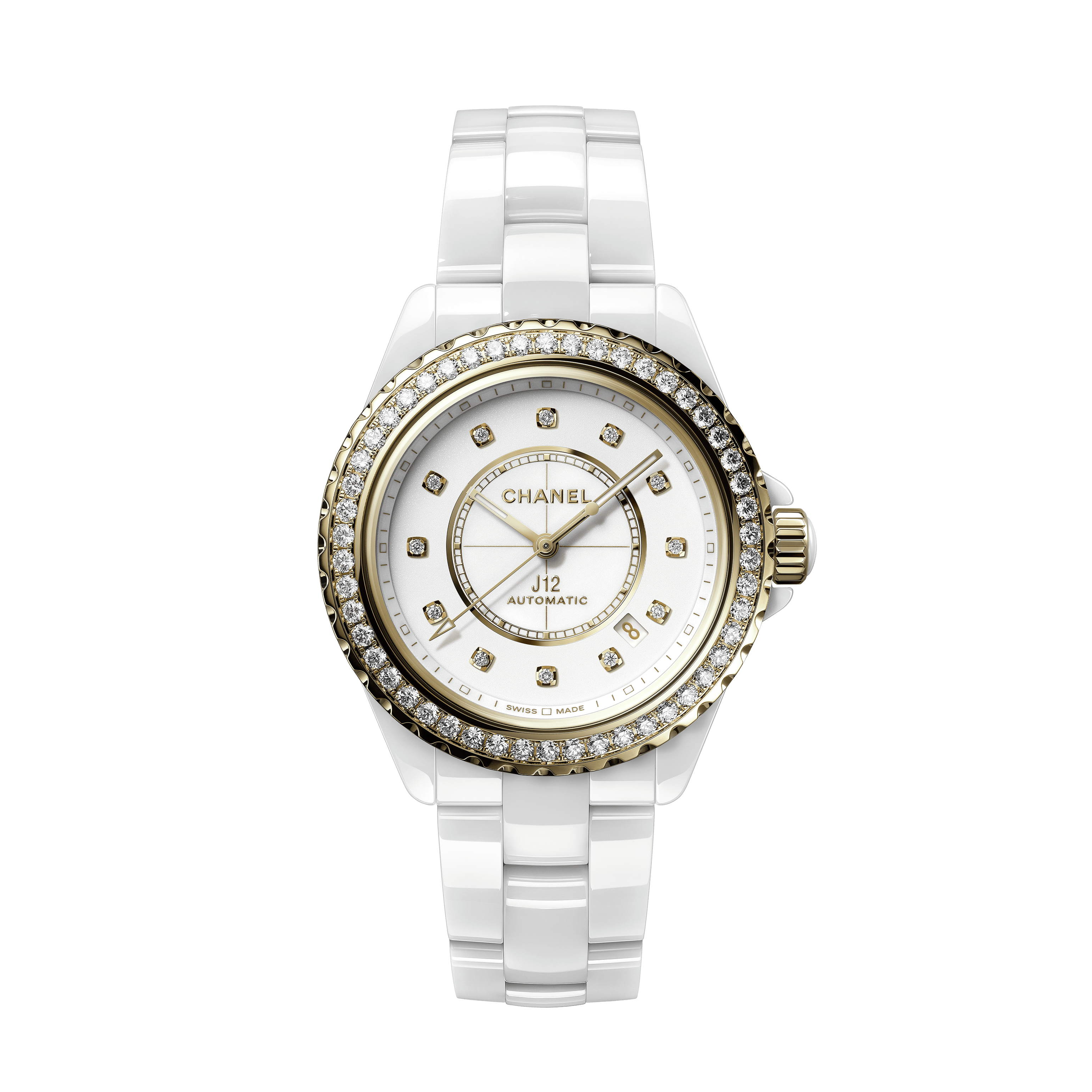 J12 DIAMOND BEZEL CALIBER 12.1腕表，38毫米 - 白色精密陶瓷和黄18K金，表圈和时标镶嵌钻石 - CHANEL - 默认视图